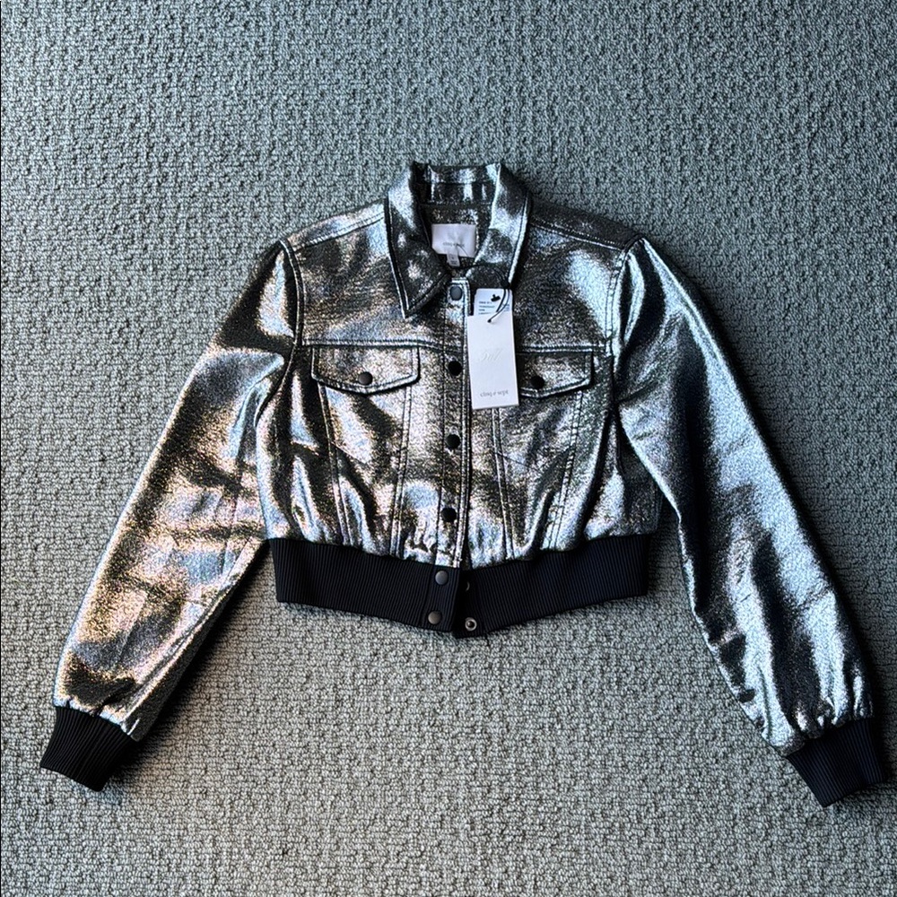 Cinq a Sept Kane Silver Metallic Women's Cropped Bomber Jacket Size Small NWT